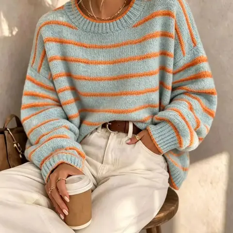 Women's Striped Round Neck Long Sleeve Sweater, Casual Fall & Winter Jumper for Daily Wear, Fashionable Loose-Fit Knitwear