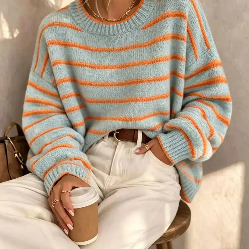 Women's Striped Round Neck Long Sleeve Sweater, Casual Fall & Winter Jumper for Daily Wear, Fashionable Loose-Fit Knitwear