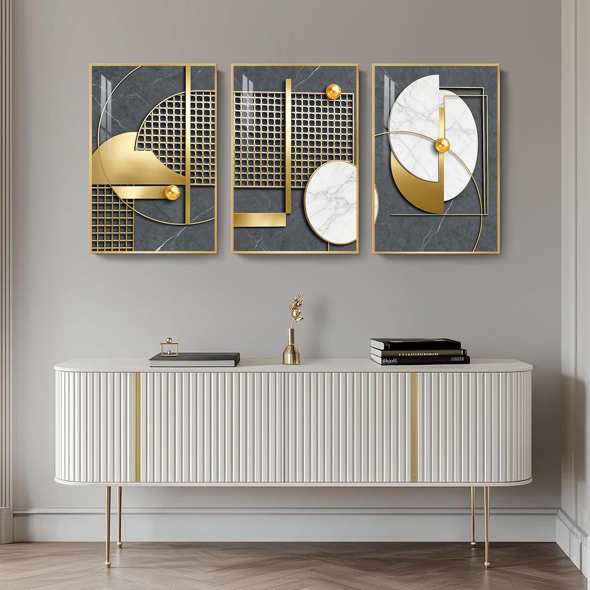 3 Counts Aluminum Alloy Framed Painting, Geometric Gold And Marble Abstract Art, Home Decoration For Living Room, Bedroom, Office, Restaurant, Hallway Wall Decor, Odorless Print Artwork, Luxury Perfect Gift For Friends And Family