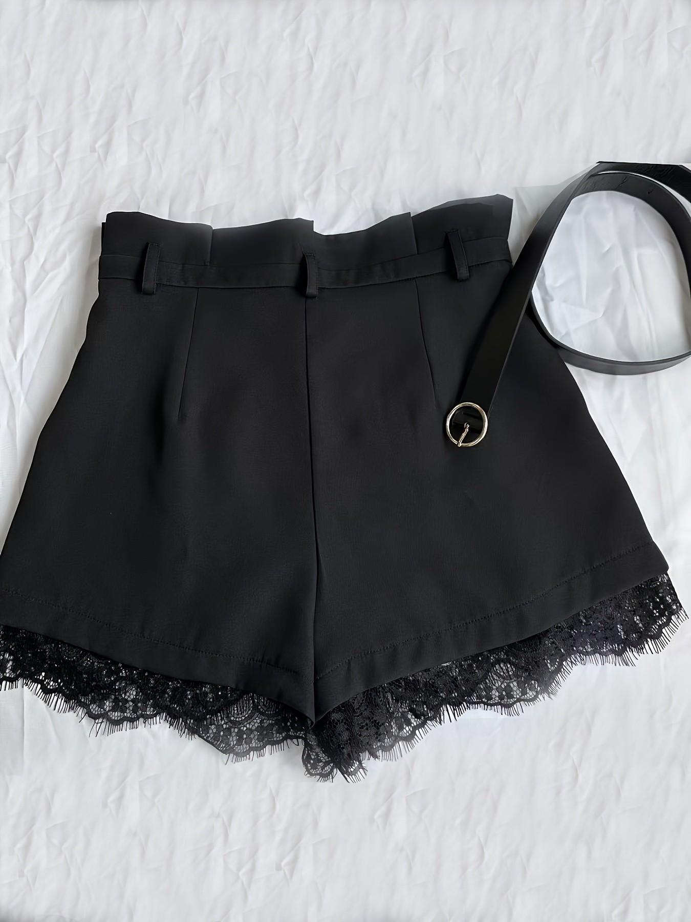 Elegant Patchwork Contrast Lace Shorts, Casual Style Fitted Natural Waist Pants, Button Fly Closure, Includes Belt, Women's Fashion
