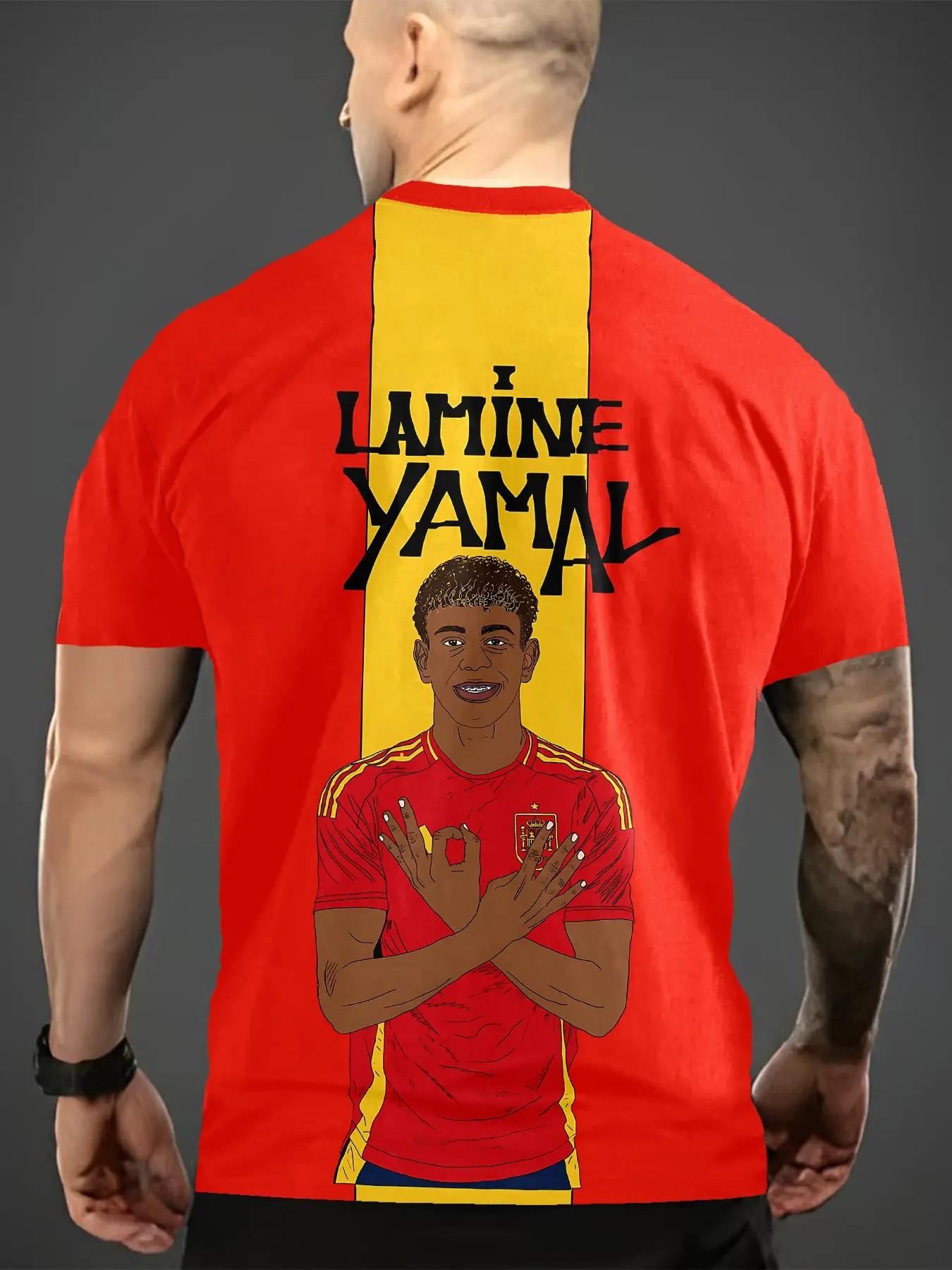 Men's Yarmal Spanish Print T-Shirt, Football Street Style Round Neck Short Sleeve Top, Loose-Fitting, All Seasons