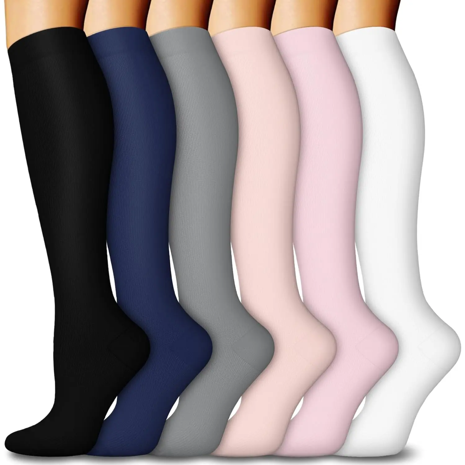 6 Pairs Compression Socks for Women & Men 15-20mmHg Knee High Socks