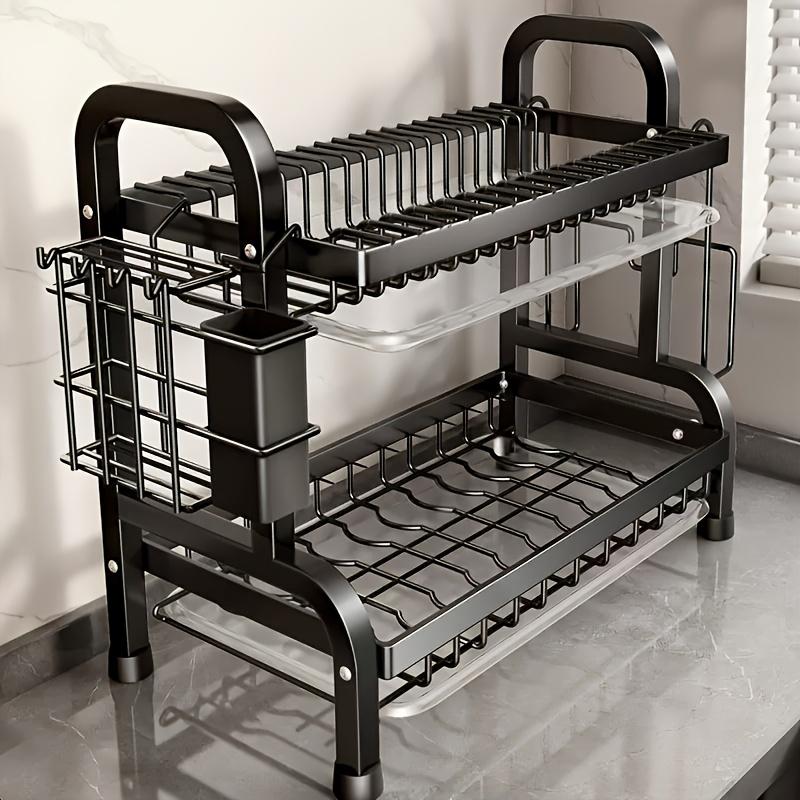 Kitchen Organizer with Drainage System - Dish Drainer, Dish Racks, Multifunctional Tableware Storage Rack, Durable Carbon Steel Material, Double-Layer Design with Knife Holder and Cutting Board Storage
