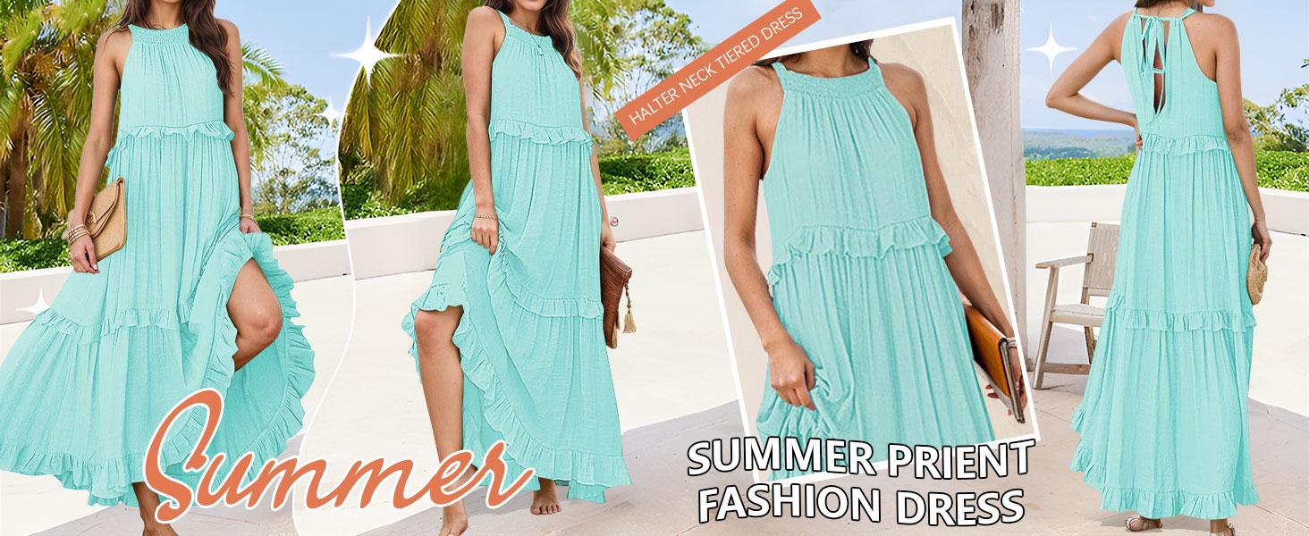 ETCYY NEW Women's Boho Maxi Summer Dress – Sleeveless Halter Neck Flowy Sundress with Ruffle Hem, Casual or Formal Beach Party Outfit – Basic Womenswear, Pink Minimalist Style