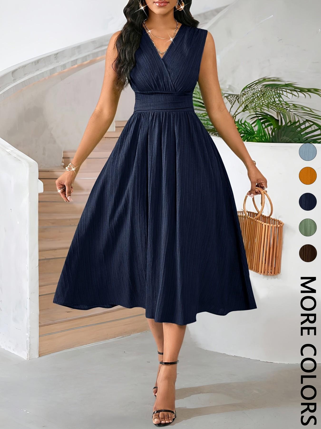 Women's Comfortable Minimalist Sleeveless Textured Ruched Dress for Office Wear & Summer Events