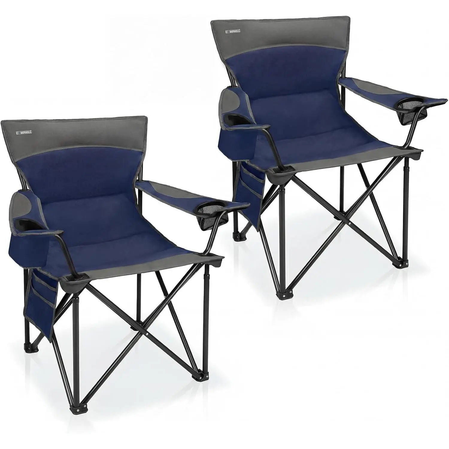 Oversized Camping Chair for Adults - 2 Pack Padded Lawn Chairs with Cup Holder & Side Pocket,Heavy Duty Folding Outdoor Chairs for Camp,Sports,Picnic,Beach,Dark Blue