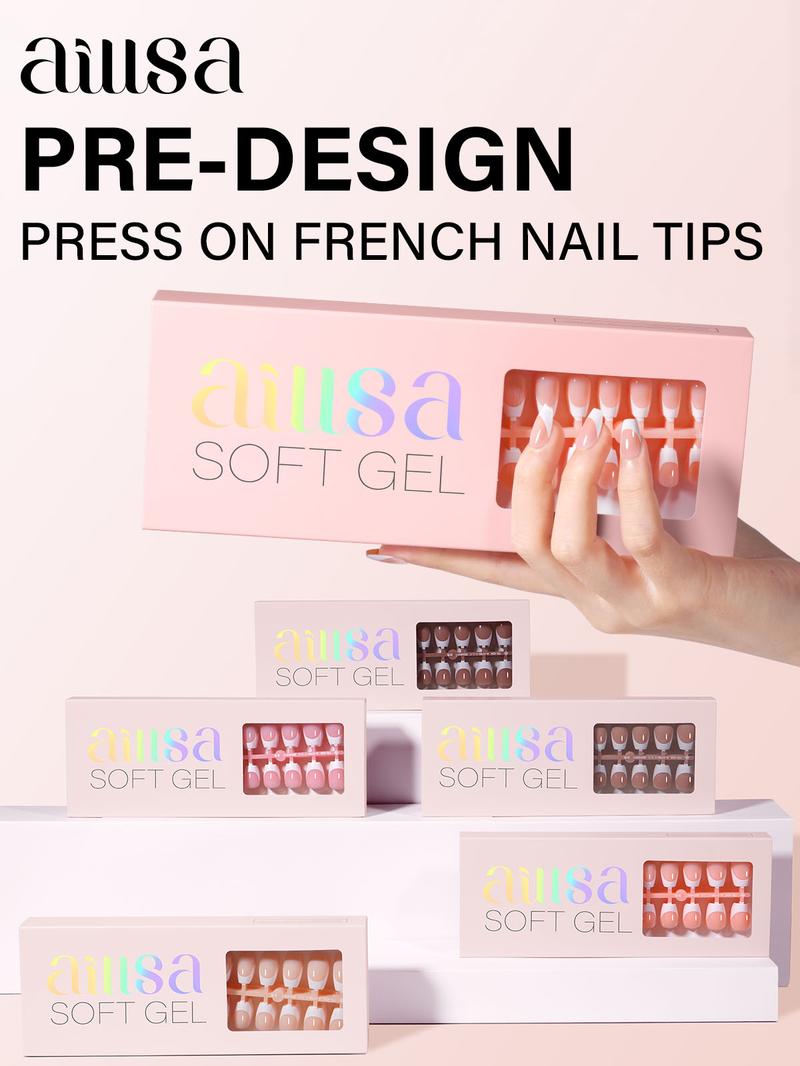Aillsa Extra Short Coffin French Tip Nails Set - 180pcs Light brown press-ons in 15 sizes, Mini UV Lamp, Base and Top coat, Easy to Wear Soak Off Acrylic Fake Nails Extensions DIY Nails Gift For Women Polish Manicure