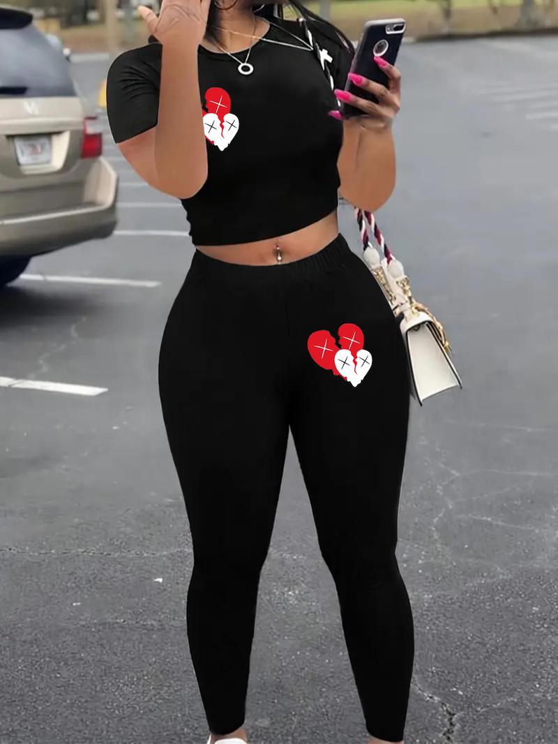 Two-Piece Set Women's Solid Crop Tee & Skinny Pants, Casual Fashion Cozy Round Neck Short Sleeve Top & Trousers for Daily Outdoor Wear, Ladies Clothes for Spring & Fall