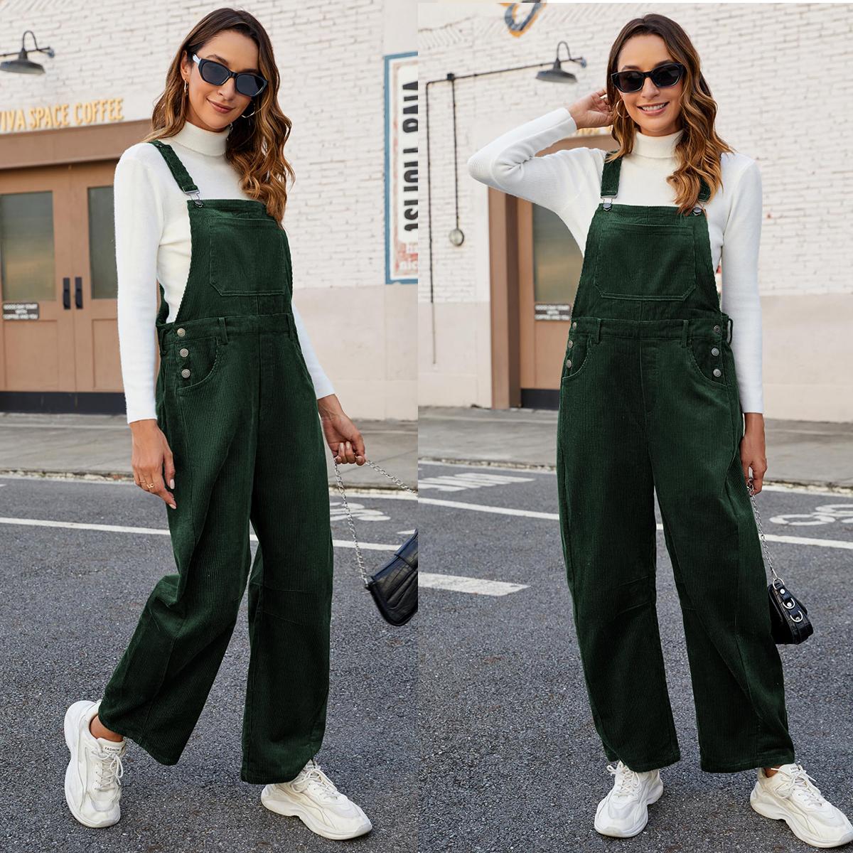 Buenoble Fall Corduroy Overalls for Women Barrel Wide Leg Bib Corduroy Pants Adjustable Romper Jumpsuit with Pockets