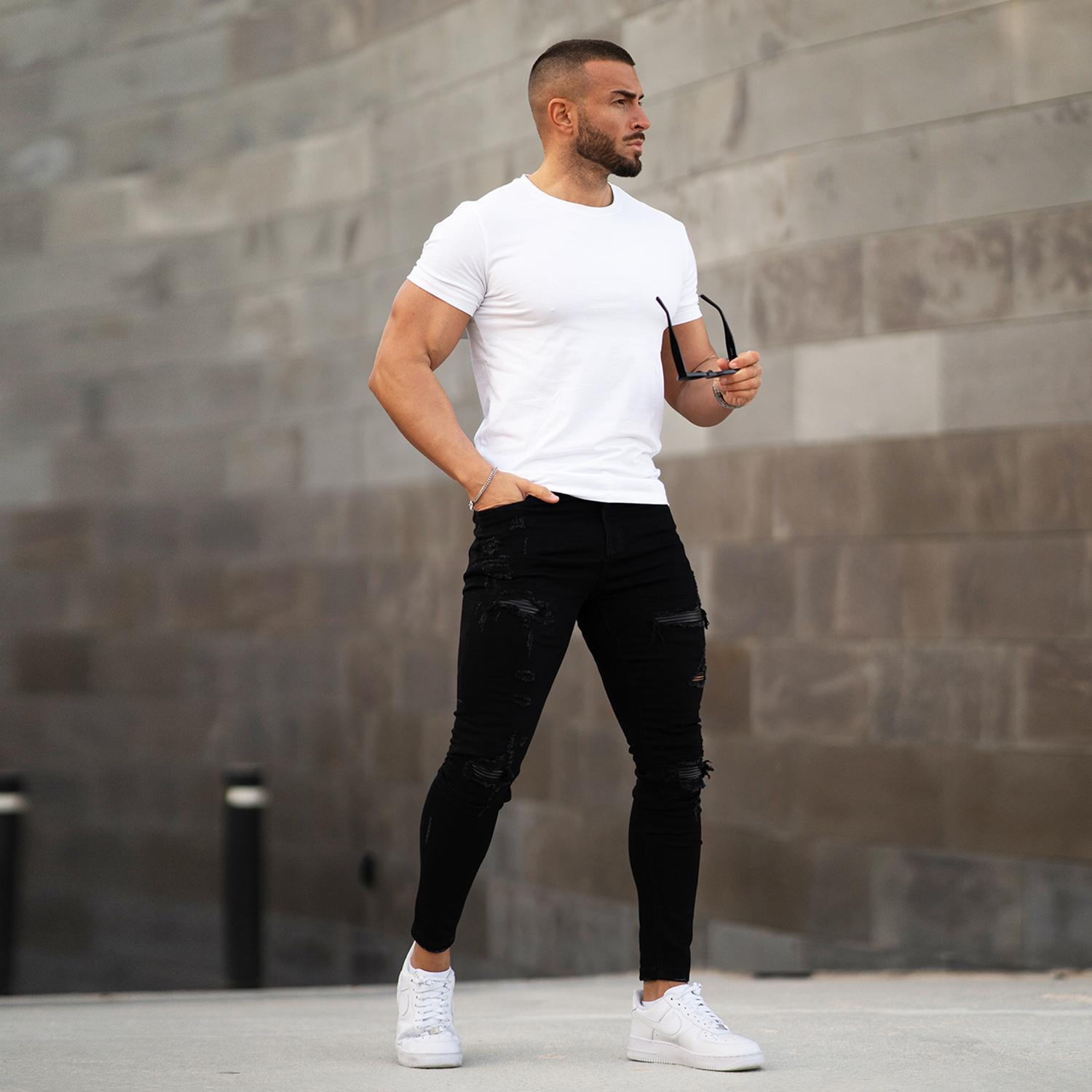 GINGTTO Men's Skinny Jeans Stretch Ripped Tapered Leg Slim Fit Distressed Denim Pants