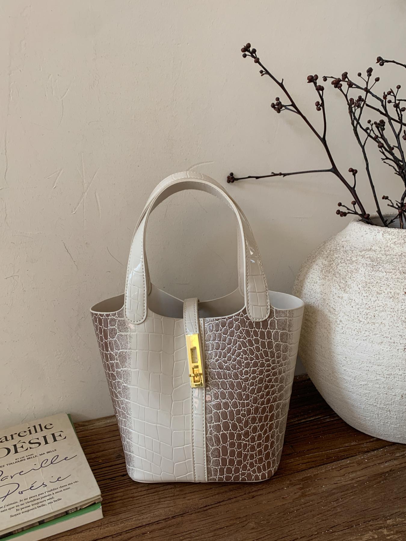 1pc Women's handbag with solid color crocodile pattern, Casual Trendy Handbag, simple and trendy, suitable for white-collar workers commute, go shopping. Lightweight Work Bag