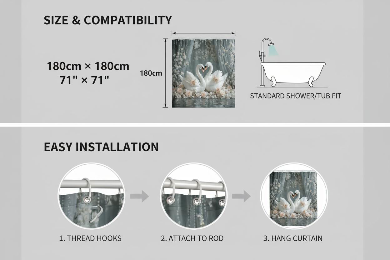 Swan Rose Bathroom Curtain, Embrace Pattern Shower Curtain, Fresh Natural Style Privacy Screen, Home Bath Decor, Includes Hooks