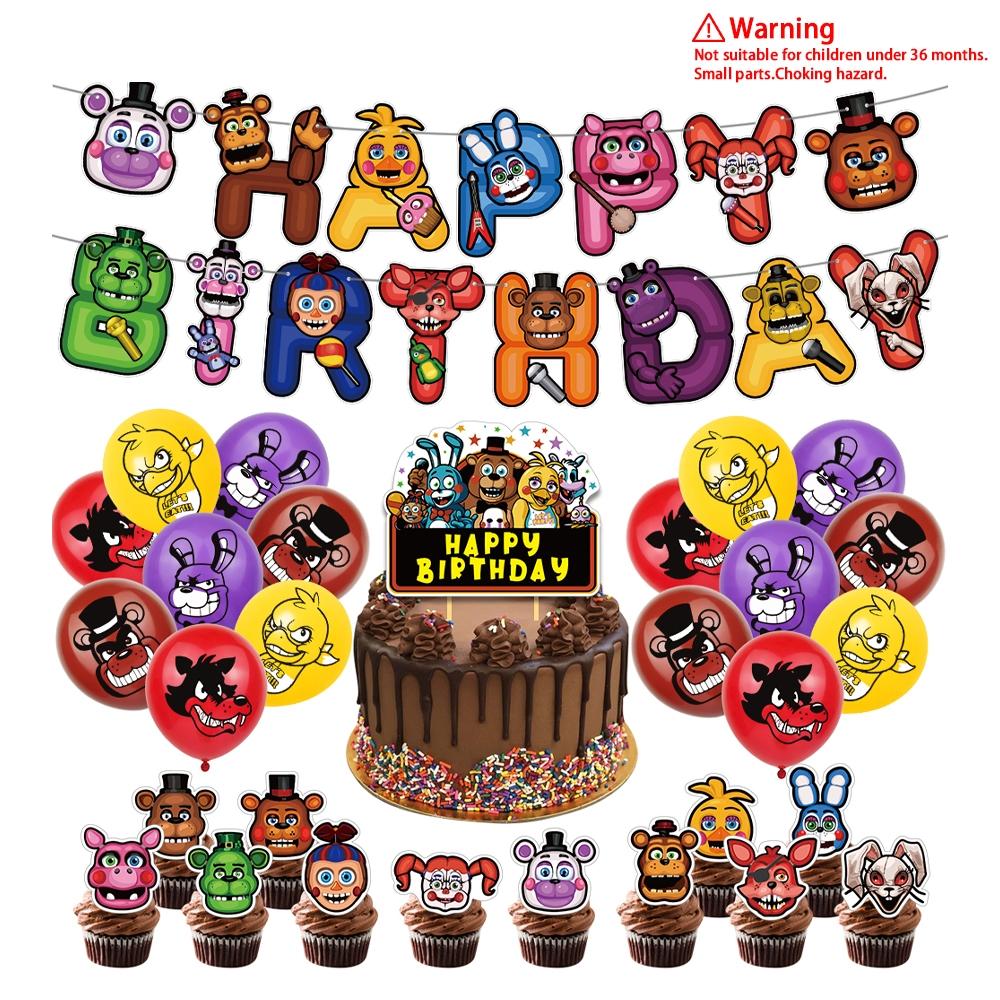 New popular FNAF Party Supplies Full Kit - FNAF Series Character Printed Balloons, Cake Insert Toppers and Happy Birthday Hanging Banner for Horror Game Themed Birthday Celebrations