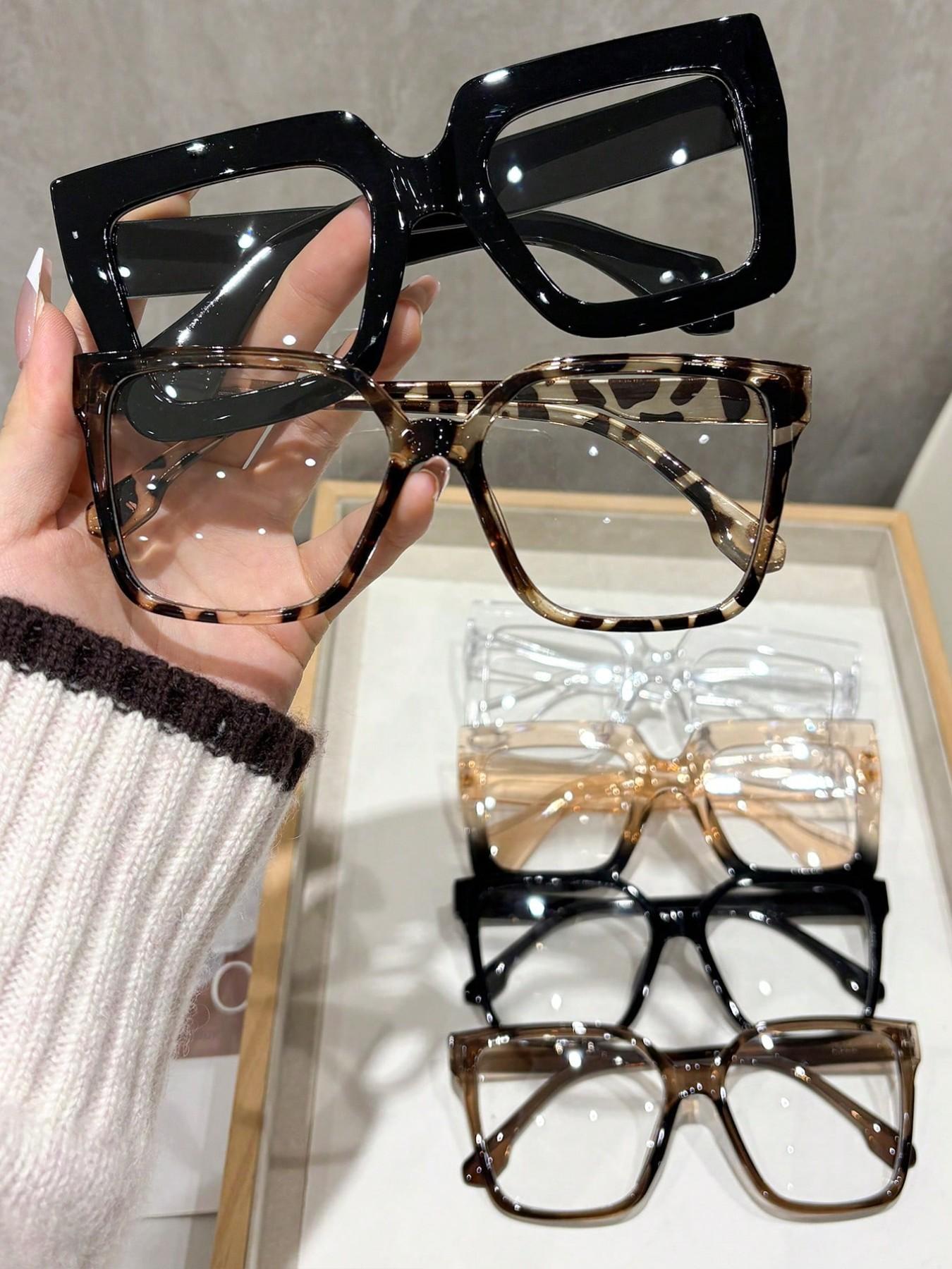 Women's Elegant Large Frame Square Plastic Glasses, Leopard Print & Transparent Lenses, Versatile Street Style, Driving, Daily Wear