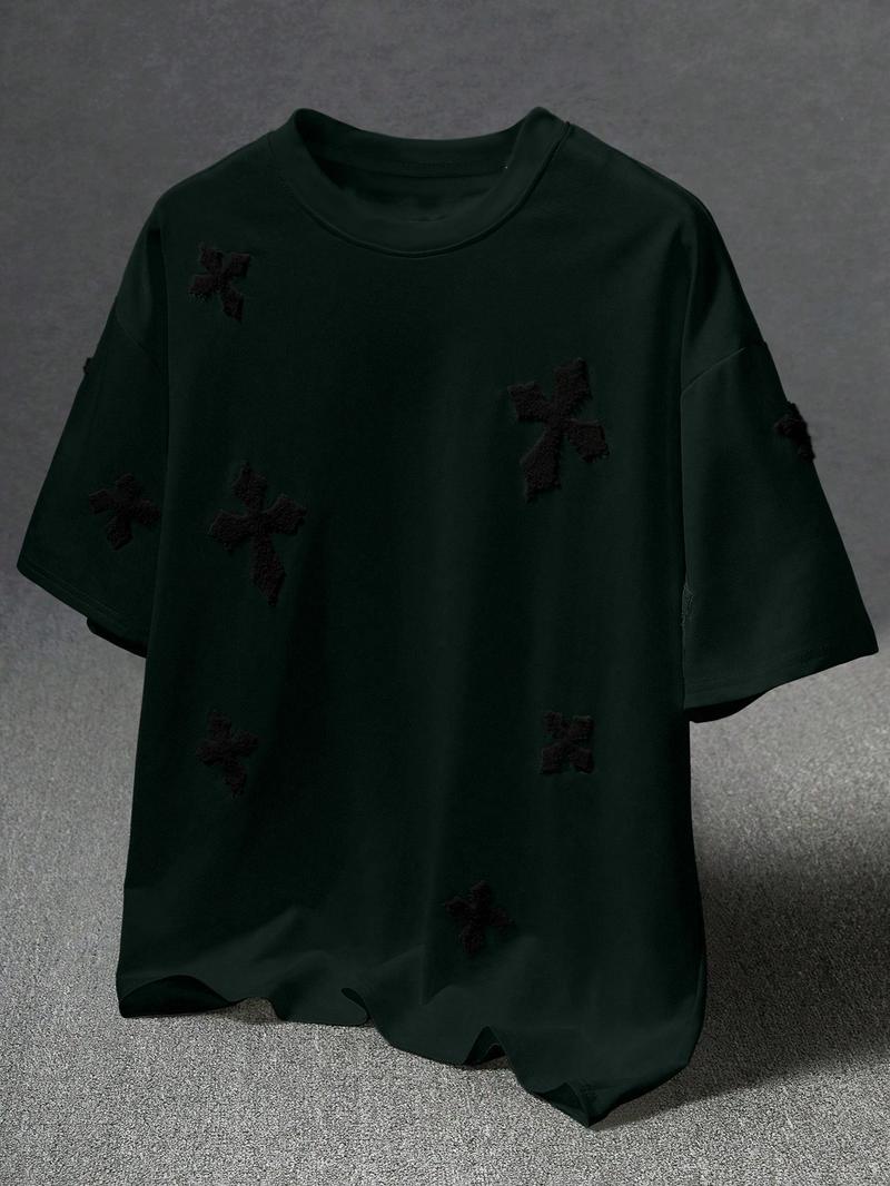 Men's Cross Stitch Embroidered Solid Color Round Neck T-Shirt, Casual Fitted Long Sleeve Top for All Seasons, Sporty College Style