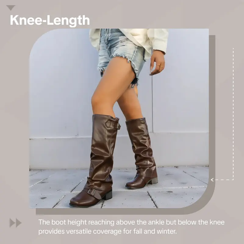 Women's Fashion PU Leather Low Heel Long Boots, Casual Ruched Motorcycle Boots, Western Style Biker Boots, Cowgirl Boot Women's Fashion PU Leather Low Heel Long Boots, Casual Ruched Motorcycle Boots, Western Style Biker Boots, Cowgirl Boot