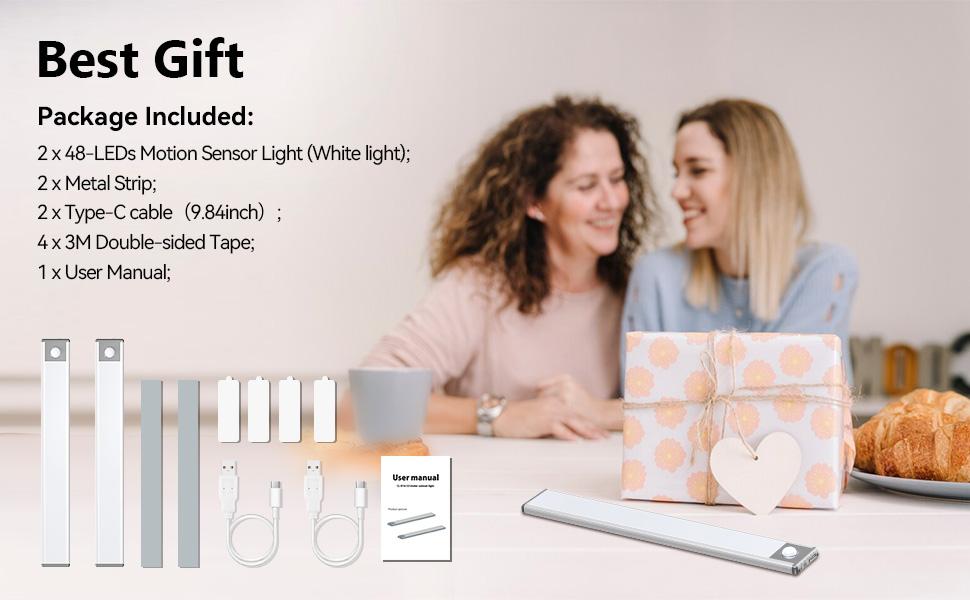 LED Under Cabinet Light, Bright Motion Sensor Light Indoor, Stick-on Magnetic Closet Light, Under Counter Lights, Wireless USB Charging, 48 LED Night Lights for Kitchen, Wardrobe (2 Packs)