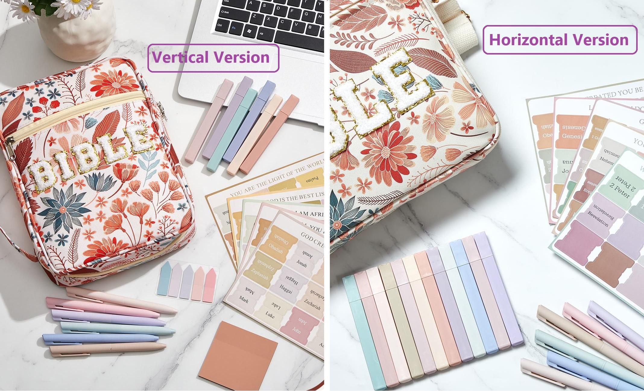 Christian Bible Bag with Floral Patterns PU Leather Bible Case with Aesthetic Annotation Kit Chenille Letter Bible Case Bible Study Supplies Easter Gift for Christian Mom Women Girls, Church Sunday Prayer Bible Journaling Kit