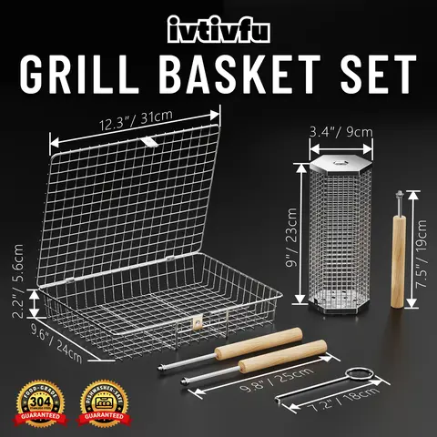 ivtivfu Grill Basket Set (2PCS) - 304 Stainless Steel Thick Plates, Removable Beech Wood Heat-Insulation Handle, Rectangle + Hexa Wire Mesh, Steak & Veg Split Design, Durable Tool with Utensils Cover, Ideal for Campfire/BBQ Party, Gift for BBQ Lovers
