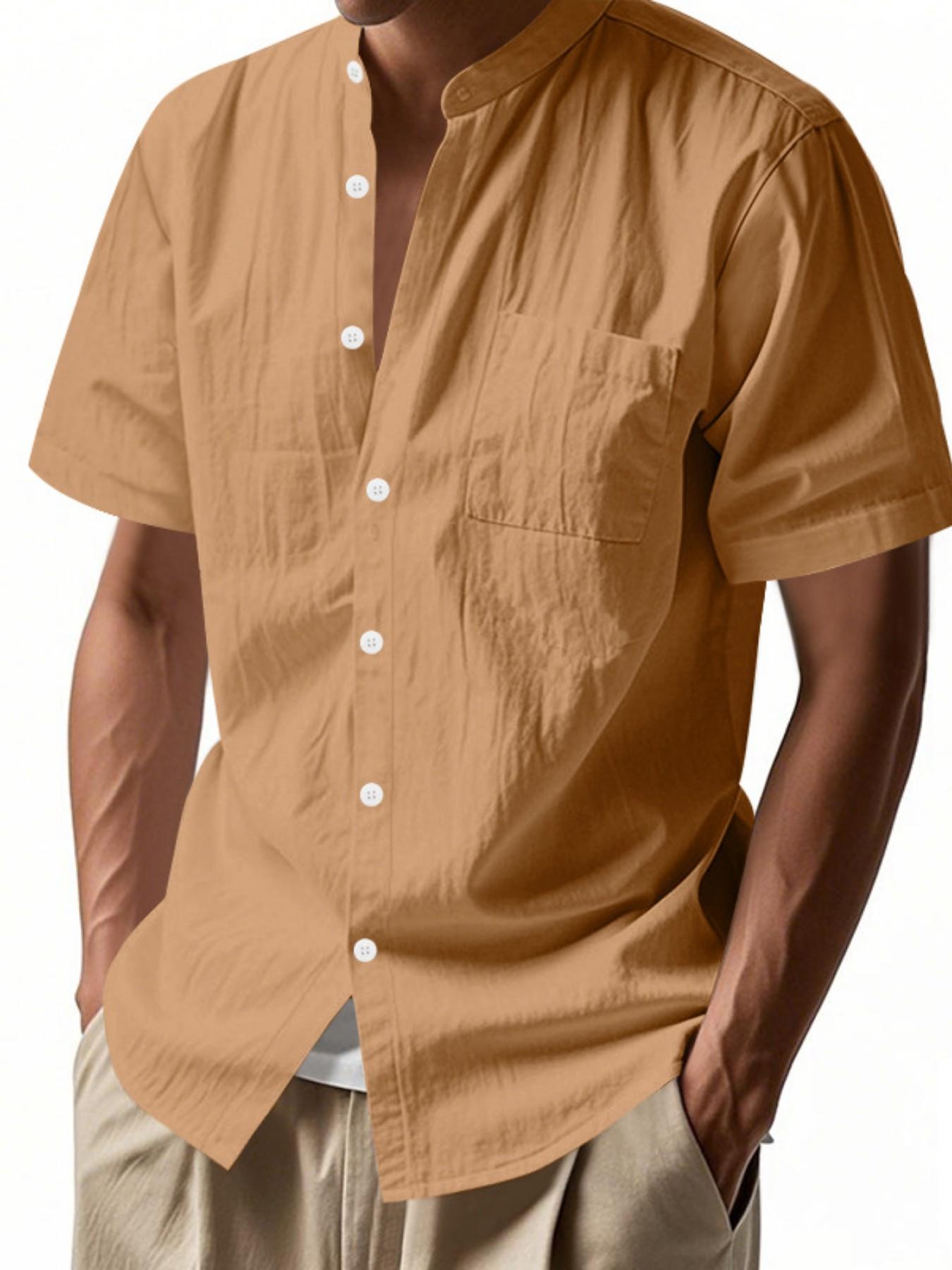 Men's Stand Collar Short Sleeve Shirt, Textured Half Button Front Chest Pocket Top, Breathable Casual Business Versatile Blouse