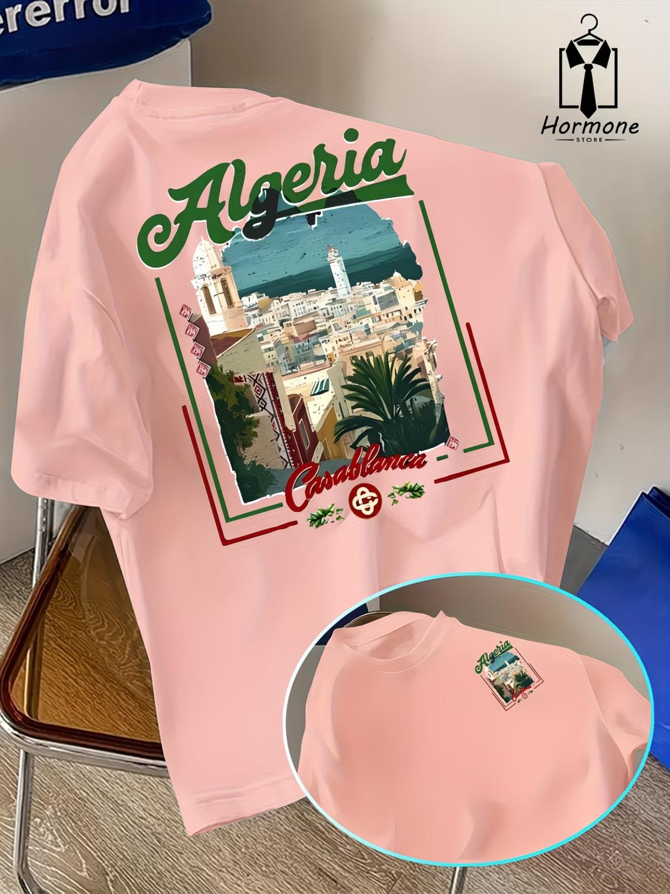 Men's Short Sleeve T-Shirt, Polyester Fabric, Casablanca Cityscape Print, Casual Slim Fit, Fashion Round Neck, Ideal for Spring Summer Outdoor Wear