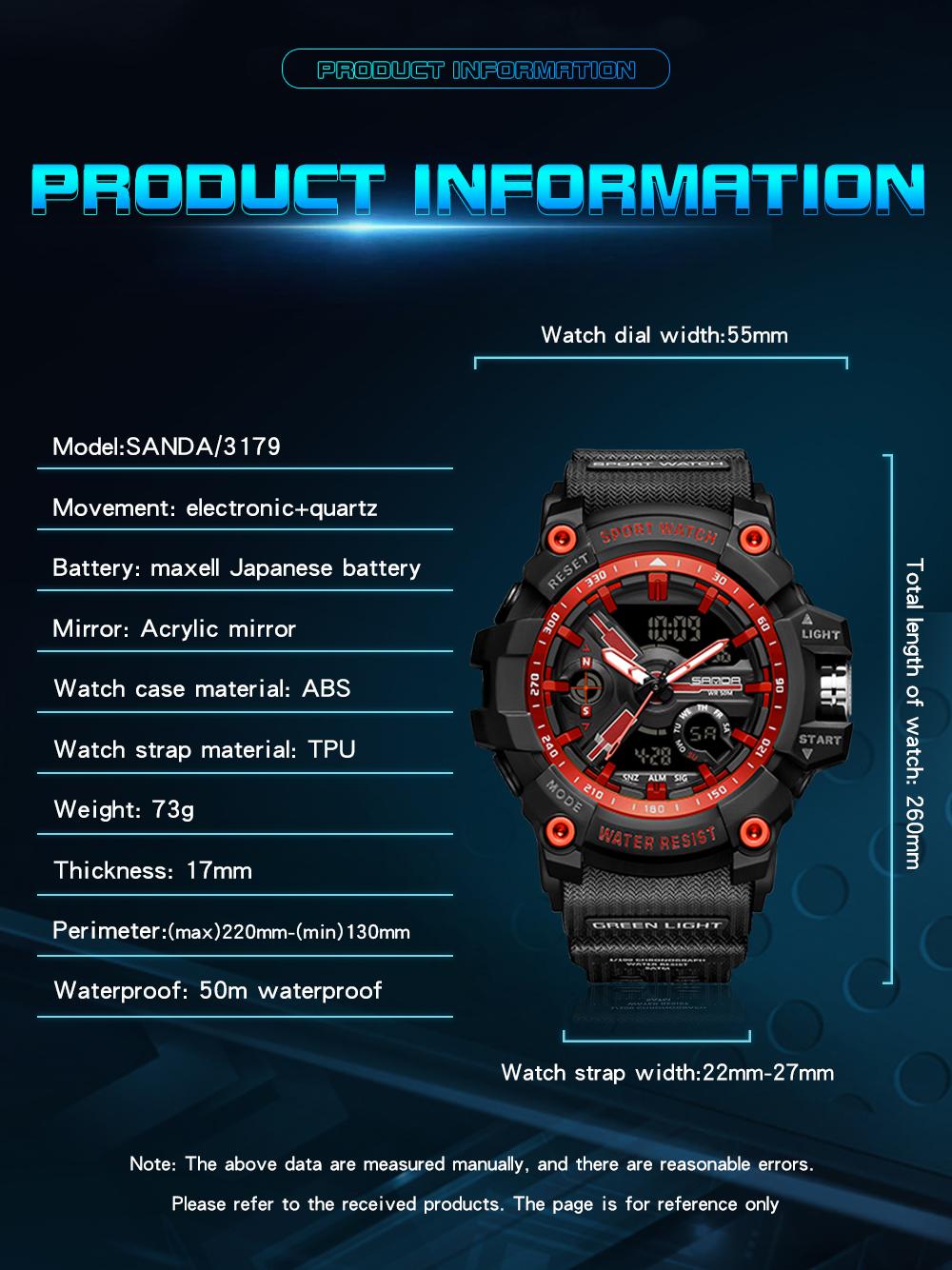 SANDA 3179 for Male Clock shock New Sports Men's Military Watch Waterproof Wristwatch, Men's Sportive Analog-digital Quartz Watch, Water resistant watch with Luminous & Alarm & Calendar Function, with Box