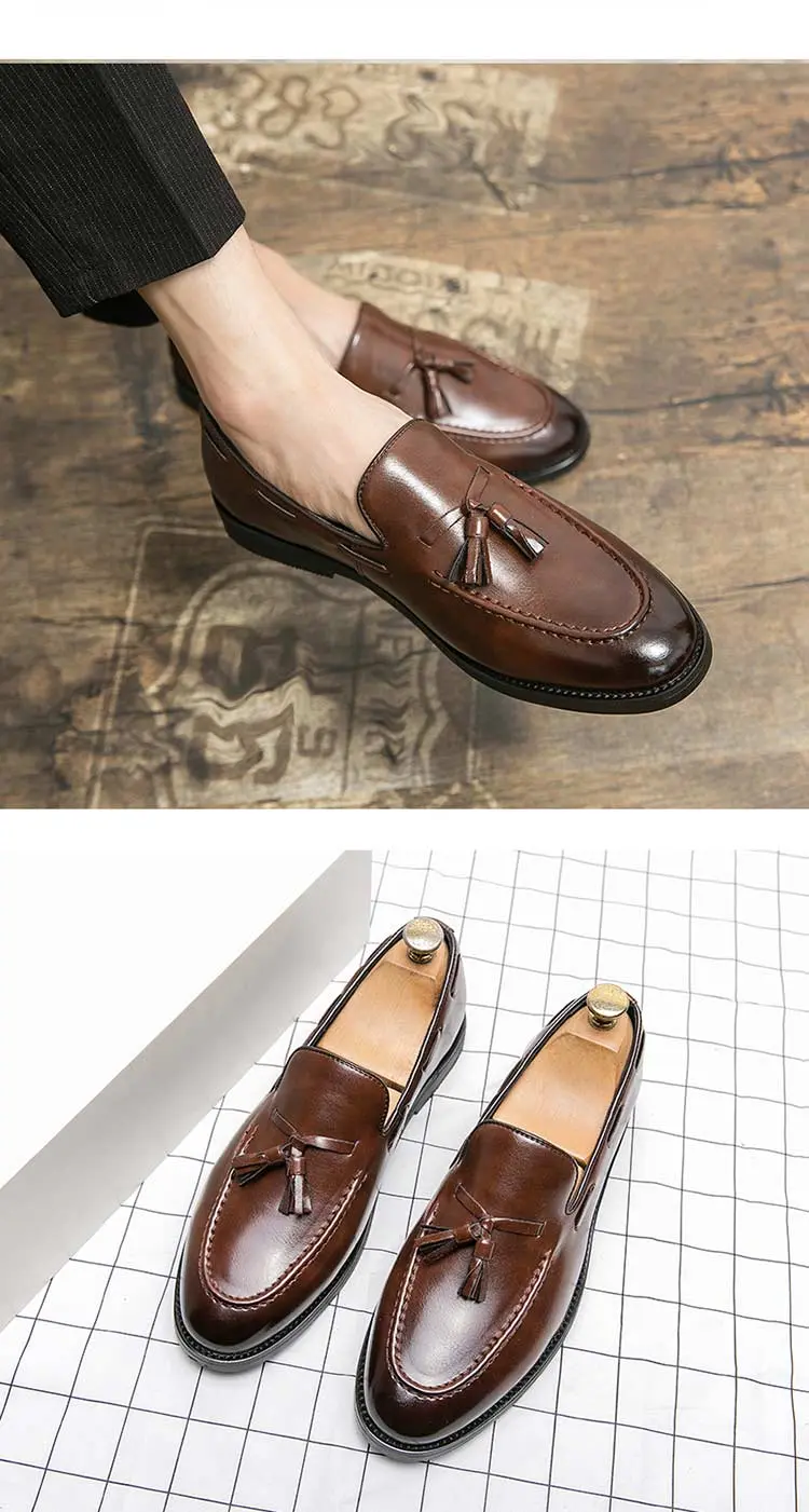 Men's Trendy Fashion Tassel Leather Loafers, One-Click Slip-On Casual Shoes, Versatile Youth Formal British Style, Perfect for Nightclubs and Weddings, Business Casual Shoes, Office Shoes