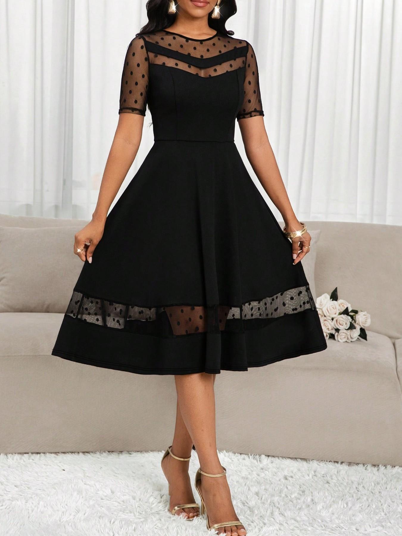 Spring Summer New Women's Elegant Solid Color Dress, Round Neck Short Sleeve Mesh Polka Dot Patchwork, Waist Cinched Slim Fit Midi Dress