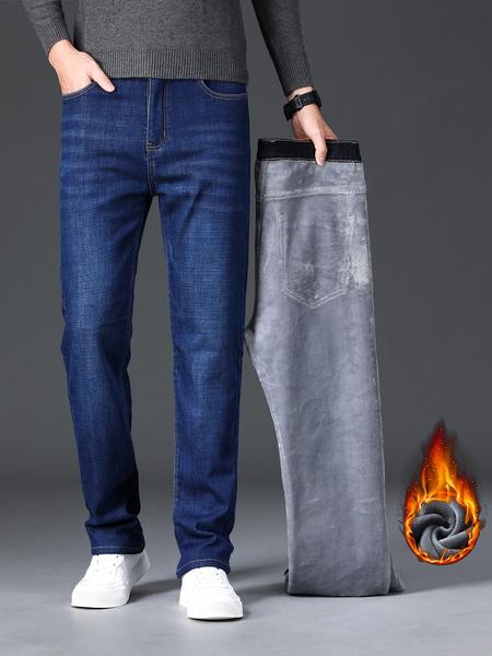 Men's Thickened Winter Fleece Jeans, Hi Rise Jeans, Loose Straight Leg High Waist Casual Elastic Pants, Warm Long Denim Trousers for Fall & Winter