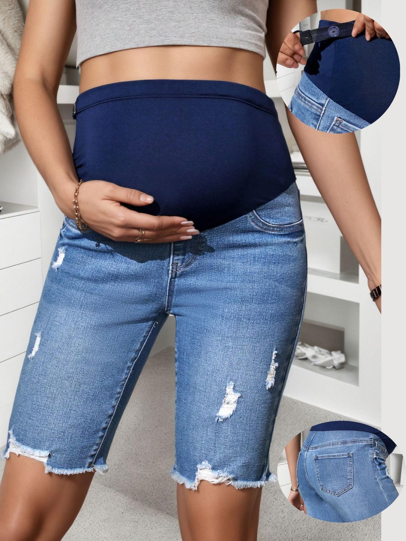 Blue Pregnant Jeans Shorts, Summer Belly Support Pants, Simple Ripped Thin Design, Wearable Outerwear, Pregnancy Clothing