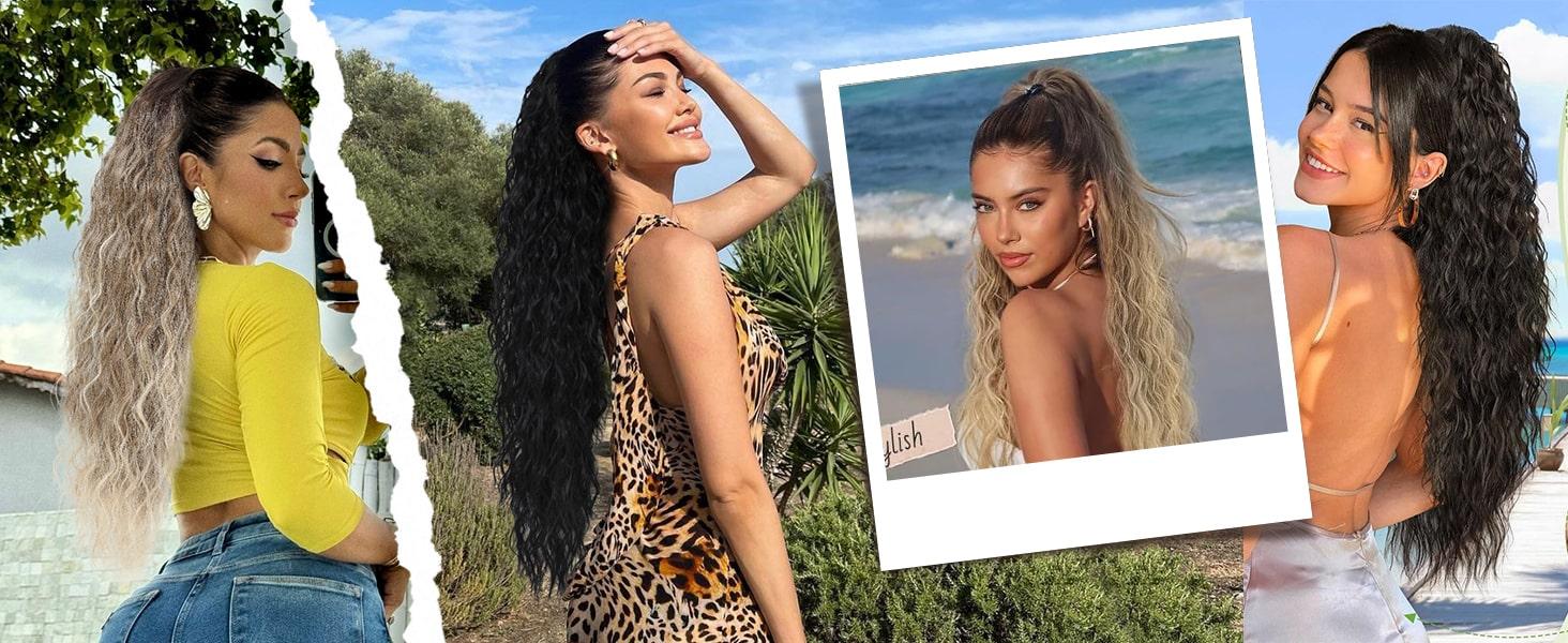 Iridescent Ponytail Extension Claw 30" Curly Pony Tail Clip in Claw Hair Extensions Fluffy Natural Looking Synthetic Hairpiece for Women