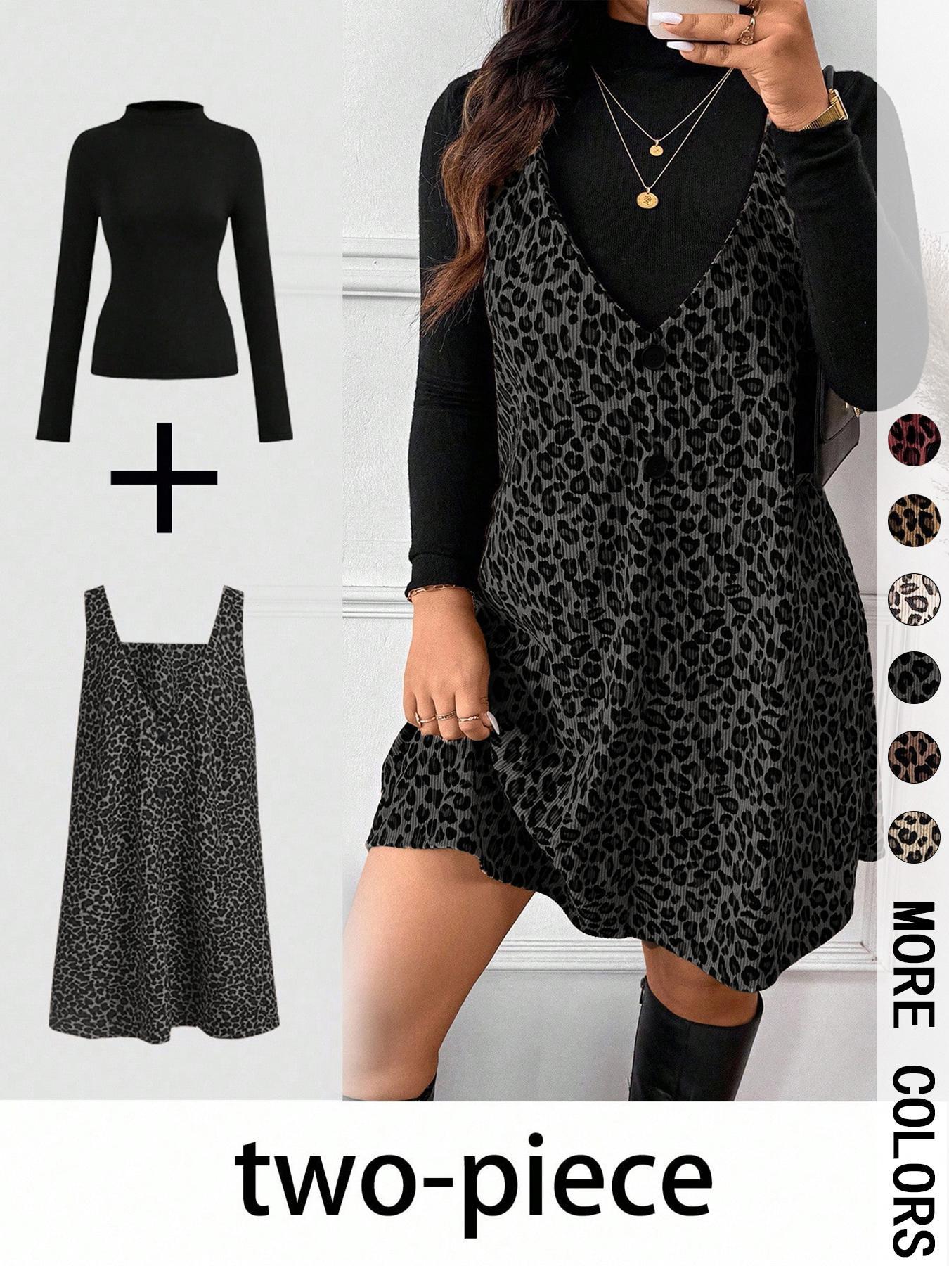 Women's High Neck Inner Layer + Leopard Print Strap Skirt Set, Casual Daily Spring Autumn Commuter, Two-Piece Ensemble Outfit