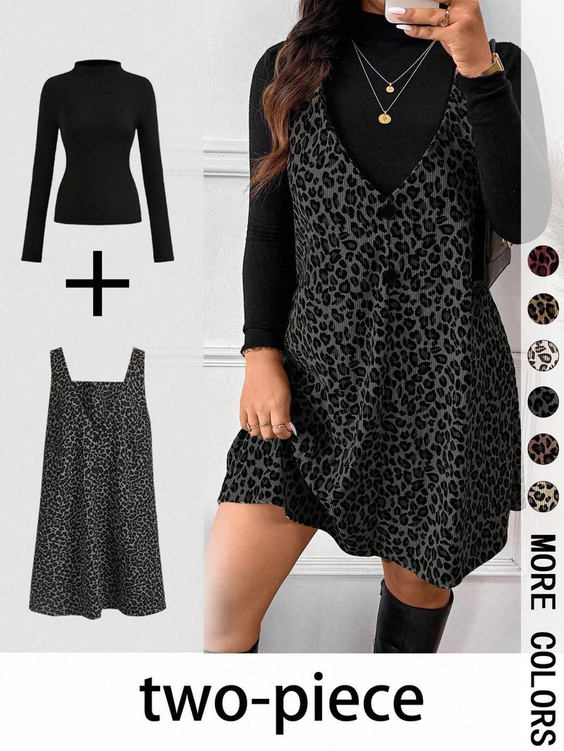 Valentine's Day Women's High Neck Inner Layer + Leopard Print Strap Skirt Set, Casual Daily Spring Autumn Commuter, Two-Piece Ensemble