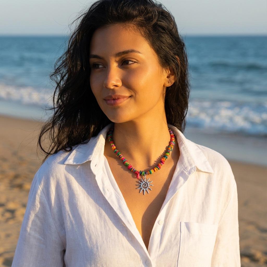 Bohemian Vacation Style Sun Flame Natural Stone Necklace, French Vintage Beaded Pendant Chain, Unique Jewelry Accessory