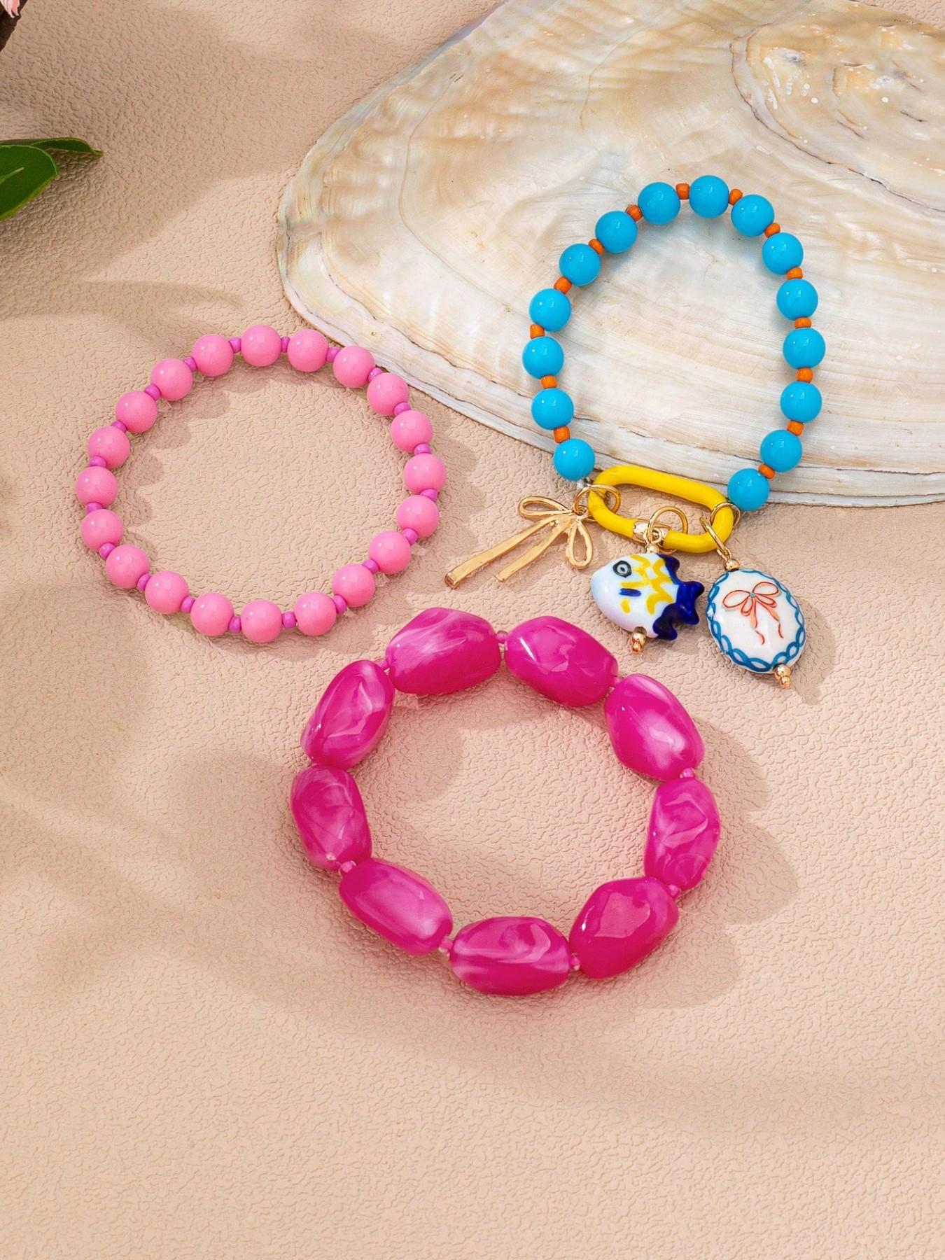 6Pcs Y2K Summer Ocean Fish Charm Beaded Stackable Fashionable Bracelet, Multicolor Resin Beads Bracelets Stacking, Dopamine Funky Bracelets for Women, Matching Bracelets Beaded Bracelet Set, Stacked Bracelets