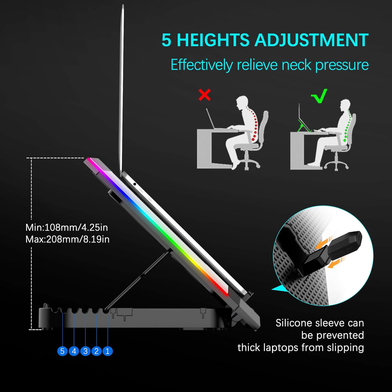 C11 Laptop Cooling Pad RGB Gaming Notebook Cooler, Laptop Fan Stand Adjustable Height with 6 Quiet Fans and Phone Holder,  Chill Mat, for 15.6-17.3 Inch Laptops - Blue LED Light