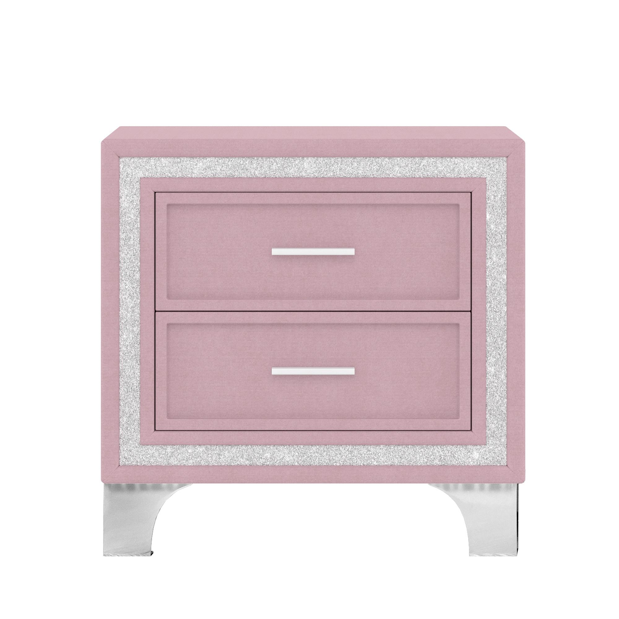 2-Drawer Nightstand with Silver Glitter Strip Decor and Metal Legs, Vintage Upholstered Nightstand, Velvet Bedside Table for Bedroom (Pink)