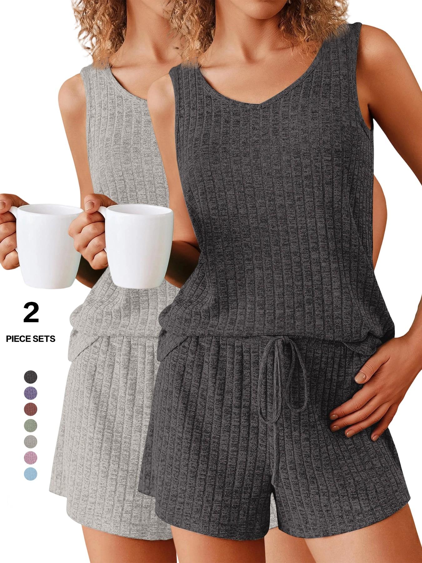 Women's 2-Piece Sleeveless Summer Pajamas Set, Ribbed Knit Tank & Shorts, Casual Fitted Elastic Design, Solid Color Loungewear