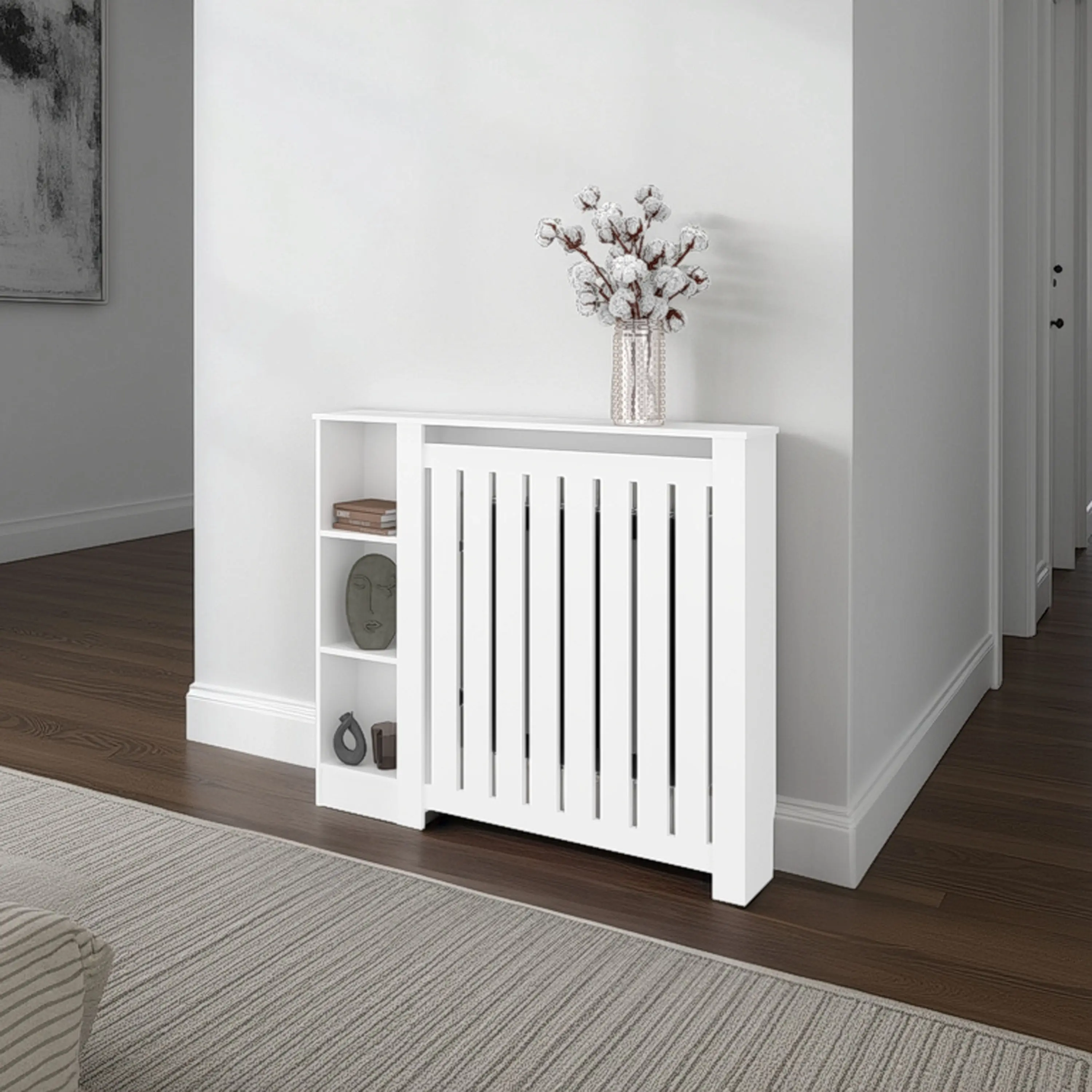 Nokaa Radiator Cover Cabinet with 3 Open Shelves, White Engineered Wood, Slim Elevated Design for Airflow, Modern Storage Cabinet for Living Room, Bedroom, Hallway, Ready to Assemble, 48.1W x 8.2D x 41.3H in