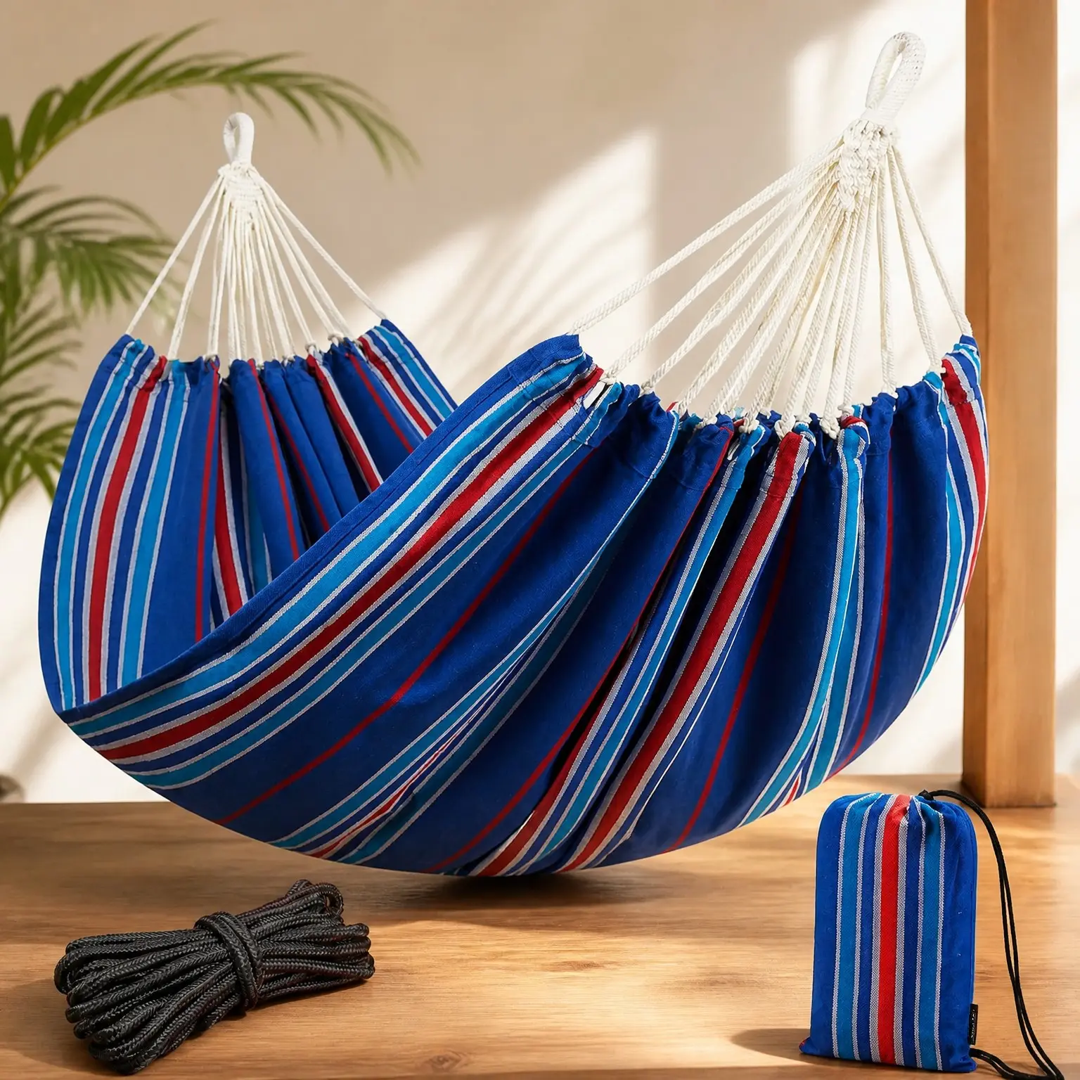 Extra Large Double Hammock with Hanging Ropes 86.6x59” Portable Cotton Hammock for Patio Backyard Porch 450LBS Weight Capacity Perfect for Outdoor Indoor Blue StripeGift