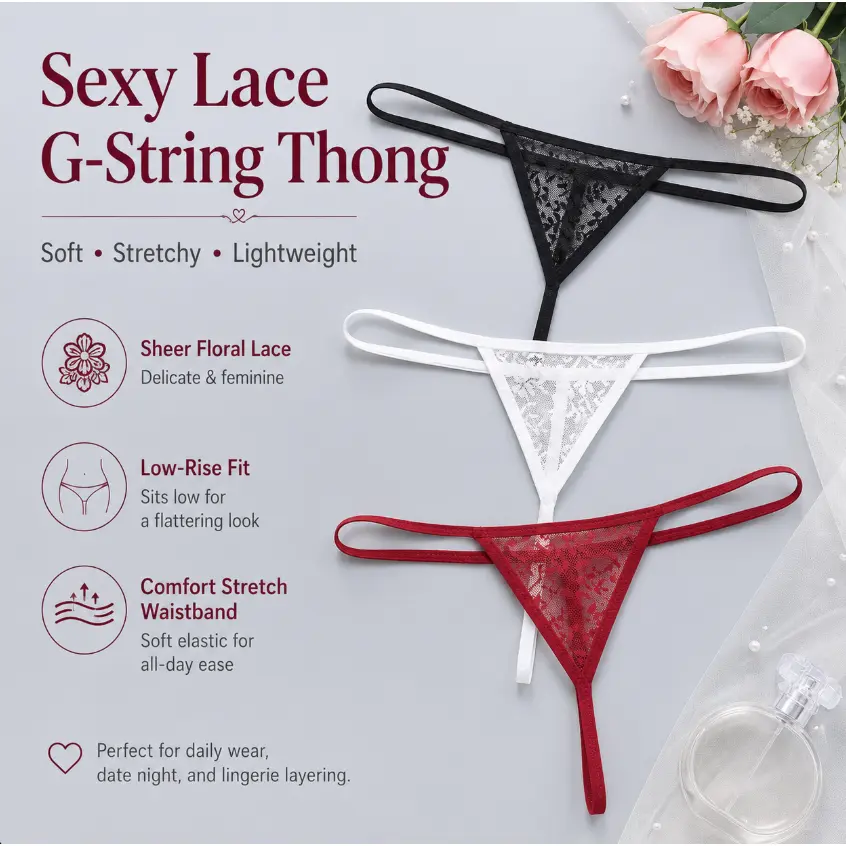 Women's 3-Pack Set G-String Thong Panties - Low Waist, Semi-Transparent, Thin-Strap, Lace-Edge, Seamless Underwear for All Seasons, Any Occasion