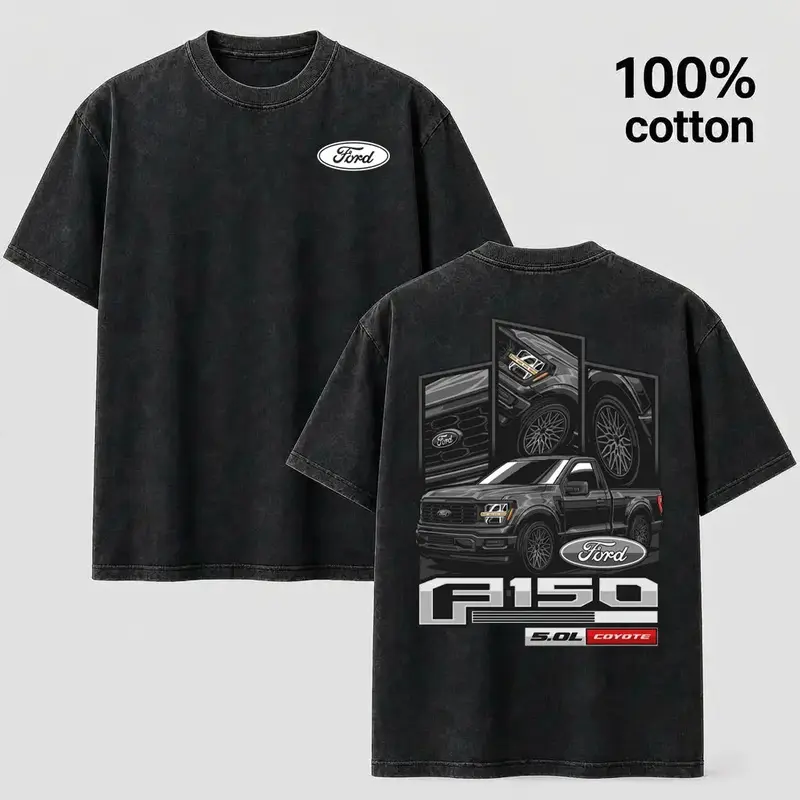 Men's Ford F-150 5.0L Coyote Graphic T-Shirt - Vintage Washed Black, Menswear Tops, Classic Casual Short-Sleeve Truck Tee, Shortsleeve, Round Neck, Graphic T Shirts, Mens Clothing, Cotton, Black-Acid Wash Oversized Tshirt, Streetwear, Fashion Apparel, Men