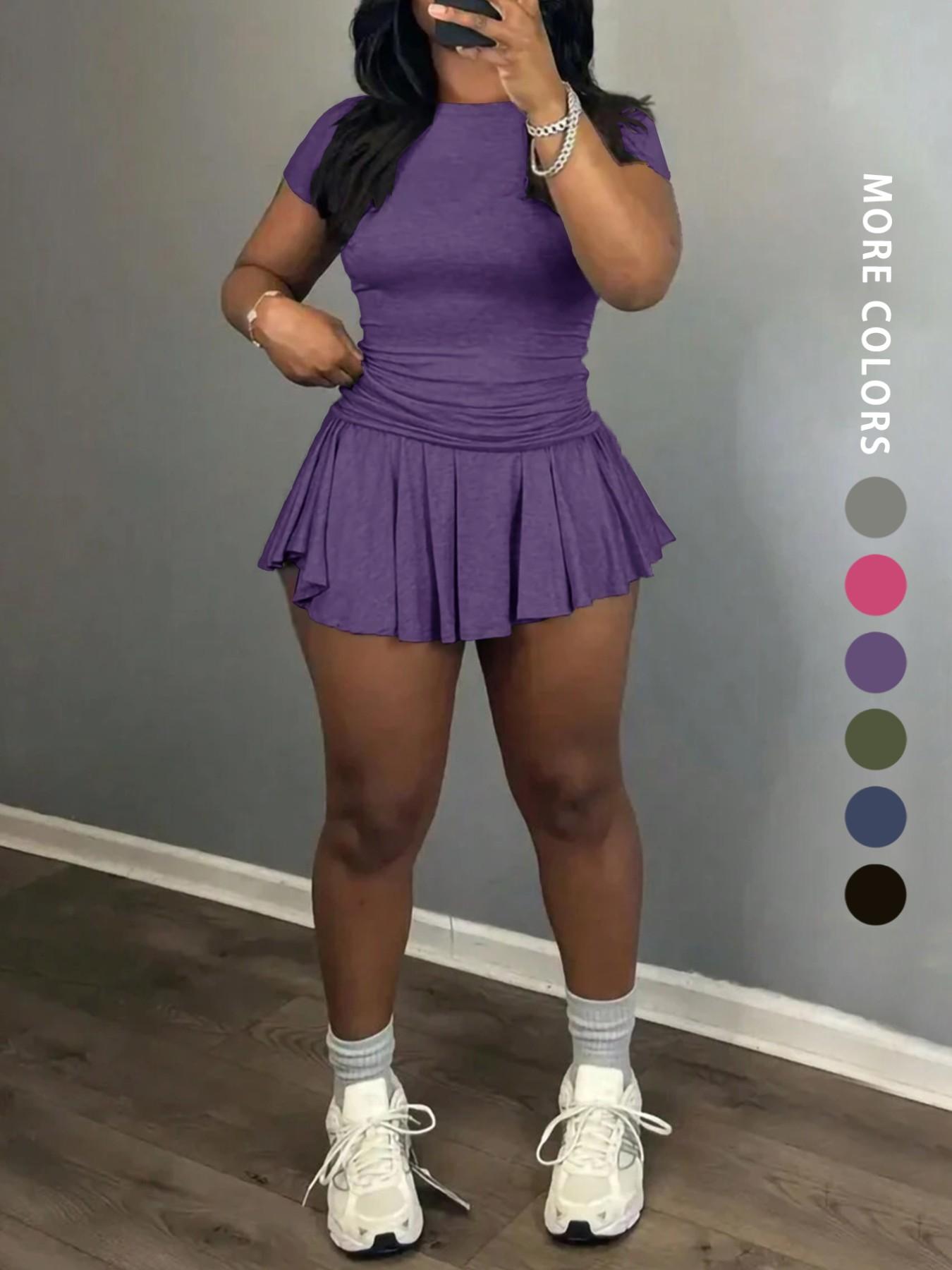 Women's Solid Color Top & Skort, Casual Fashion Cozy Round Neck Short Sleeve Tee & Skirt for Daily Outdoor Wear, Ladies Outfits for Summer