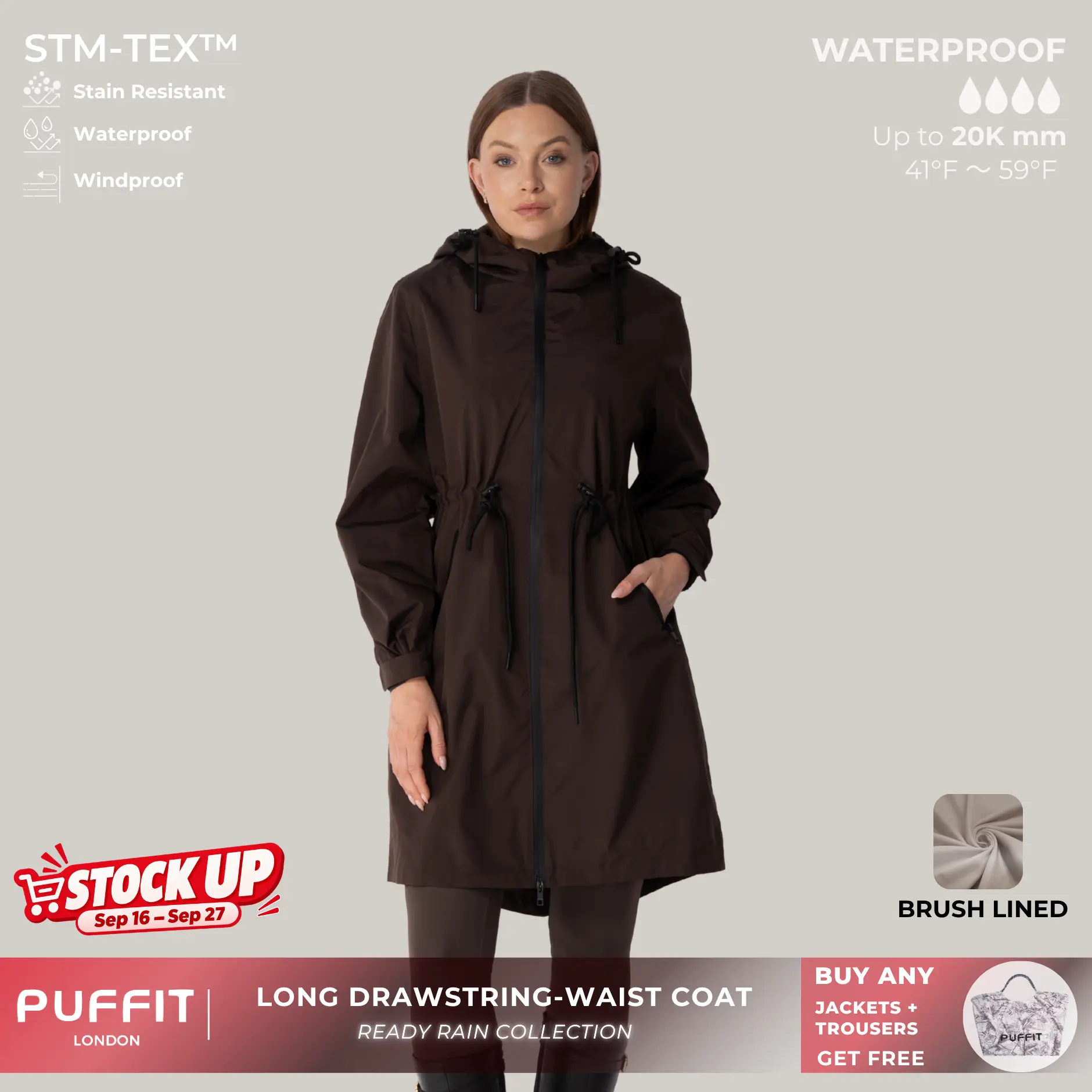 PUFFIT STM-TEX ST200 Long Length Ultra Waterproof Raincoat With Warm Brushed Lining And Drawstring Waist,High-Density Water-Resistant Material & Plush Lining,Shell Jacket,Windbreaker,Fall&Winter Jacket,Dog Walking,School Running,Womenswear,2026 Shopping