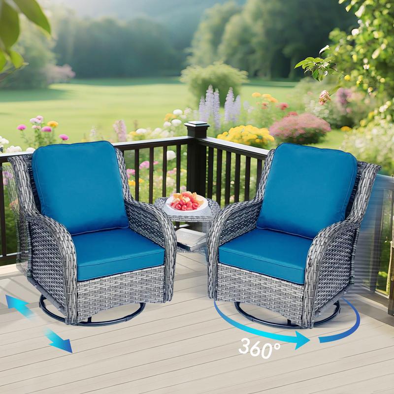 Outdoor Swivel Rocker Chairs 3 Pieces Wicker Swivel Patio Chair with Rattan Side Table, Wicker Patio Furniture Set, 3 Piece Rattan Outdoor Sectional Conversation Sets 2 Piece Wicker Hang gliding Chairs and 1 Side Table, Blue+Grey Outdoor Swivel Rocker Chairs 3 Pieces Wicker Swivel Patio Chair with Rattan Side Table, Wicker Patio Furniture Set, 3 Piece Rattan Outdoor Sectional Conversation Sets 2 Piece Wicker Hang gliding Chairs and 1 Side Table, Blue+Grey
