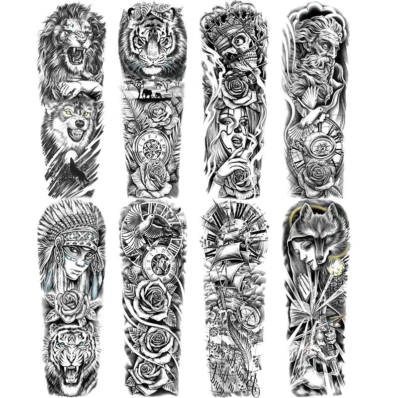 8 Sheets Full Arm Temporary Tattoo Stickers, Lion Tiger Wolf Skull Rose Watch Goddess Ship Pirate Compass Design, Waterproof Realistic Body Art, Sticker Tattoos