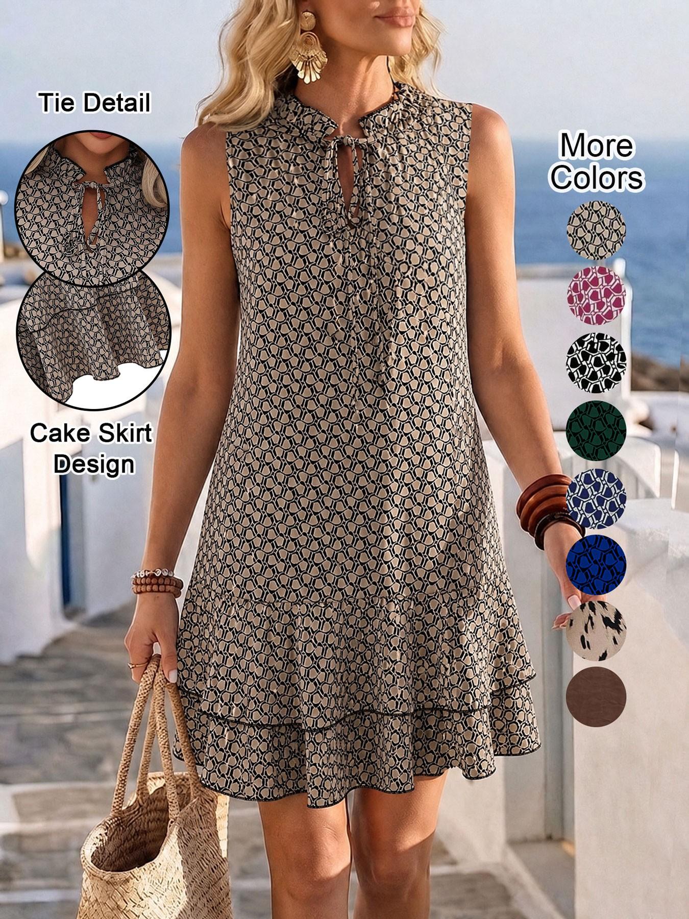 Women's Geometric Print Bow Dress, Tiered Layer Cake Skirt, Casual Sleeveless Fitted Short Dress, All-Season Versatile Fashion