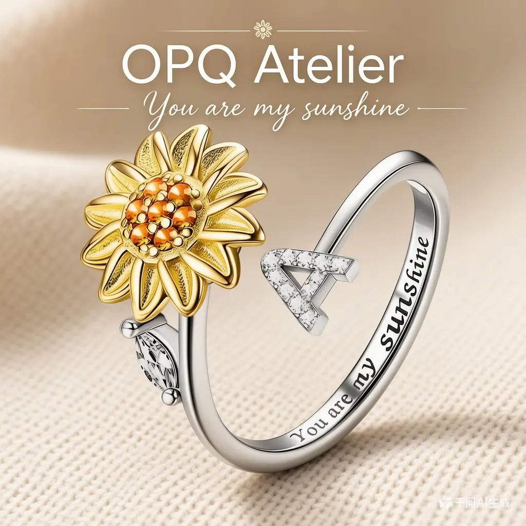 "You Are My Sunshine" Sunflower Spinner Ring - Customized Artificial Gemstone Basic Jewelry with 26-Letter A-Z Initials, Playful Spin Design, Unisex Daily Wear Gift for Women