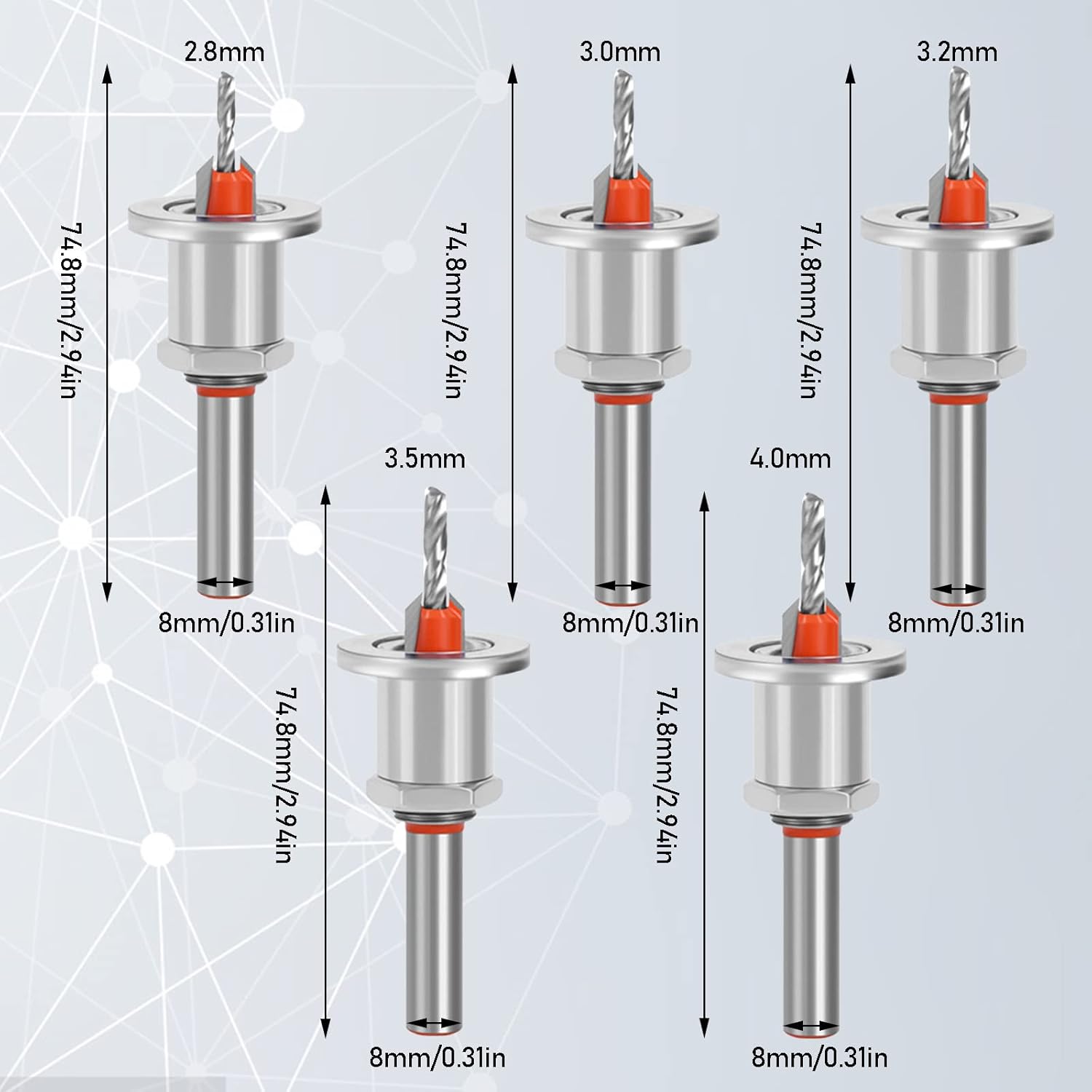 5PCS Carbide Tipped 90° Countersink with Adjustable Low Friction Depth Stop Multifunctional Round Shank Bore Woodworking Drill Bit Taper Drill Bit Counterbore Drill Bit