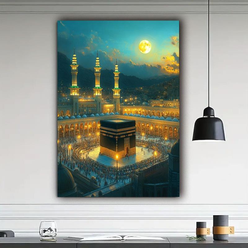 Islamic Mosque Mecca Kaba Night Scene Wall Art, Home Decor for Living Room, Bedroom, Office, Muslim Gift, Religious Art, HD Print, Modern Spirituality